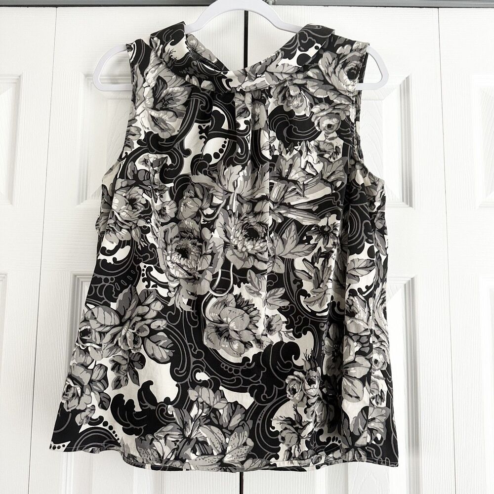 Talbots Sleeveless Top Size 14 Black Gray White Floral Drape Neck Cotton Spandex